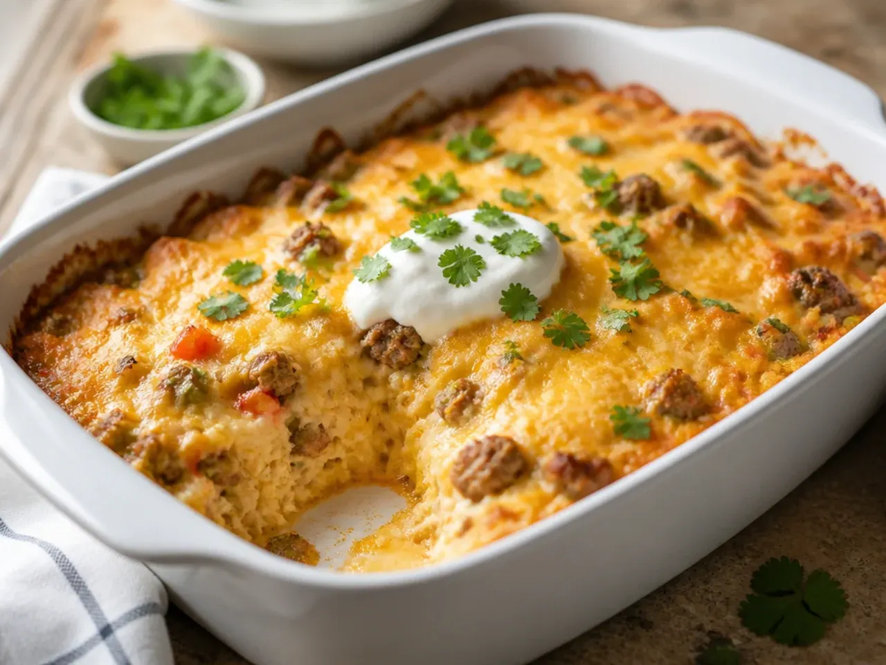 One-pot sausage breakfast crockpot hashbrown casserole with set eggs cut into a wedge.