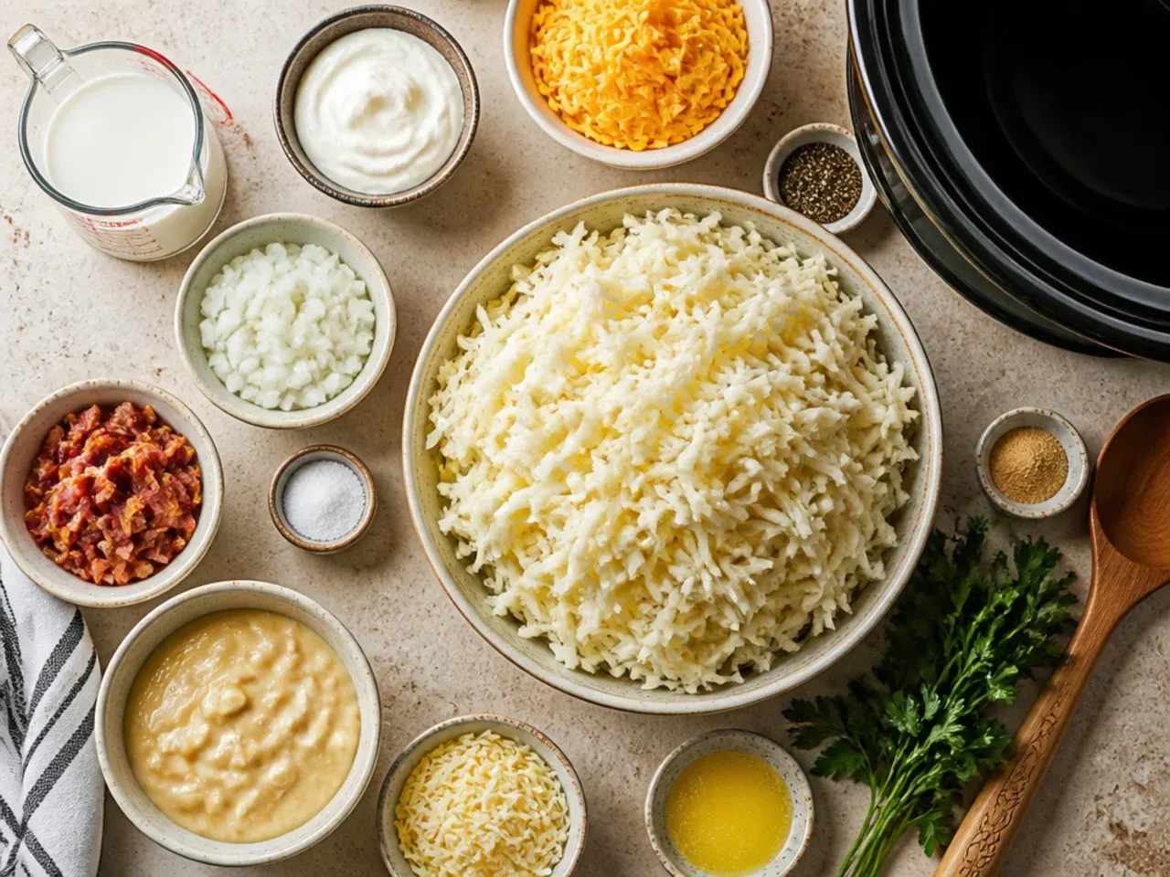 Close-up of hands stirring a crockpot hashbrown casserole halfway through cooking.