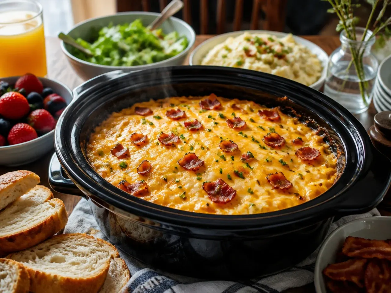 Plate of crockpot hashbrown casserole served alongside scrambled eggs and bacon for brunch.