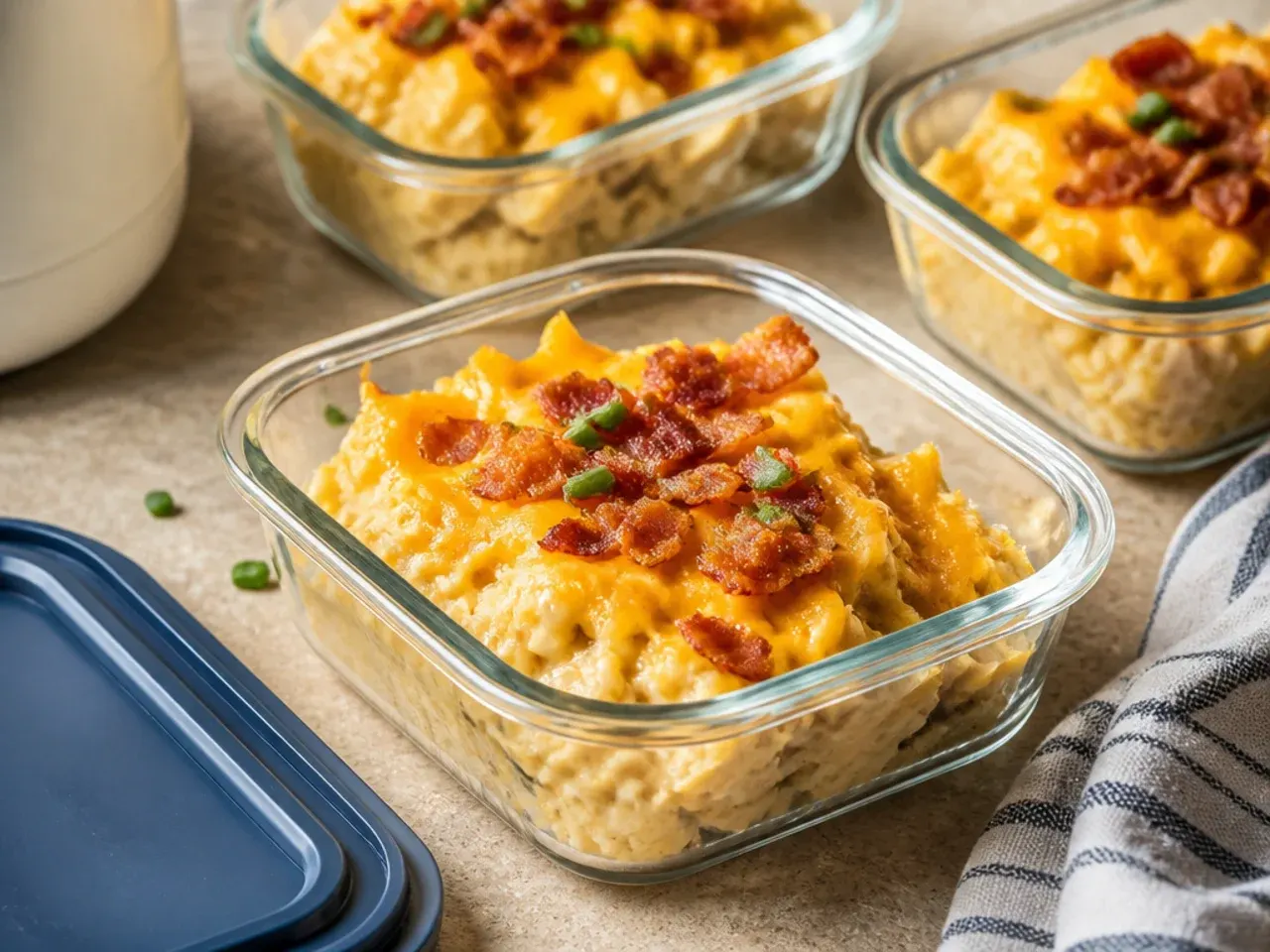 Leftover crockpot hashbrown casserole portioned into airtight containers for the fridge and freezer.