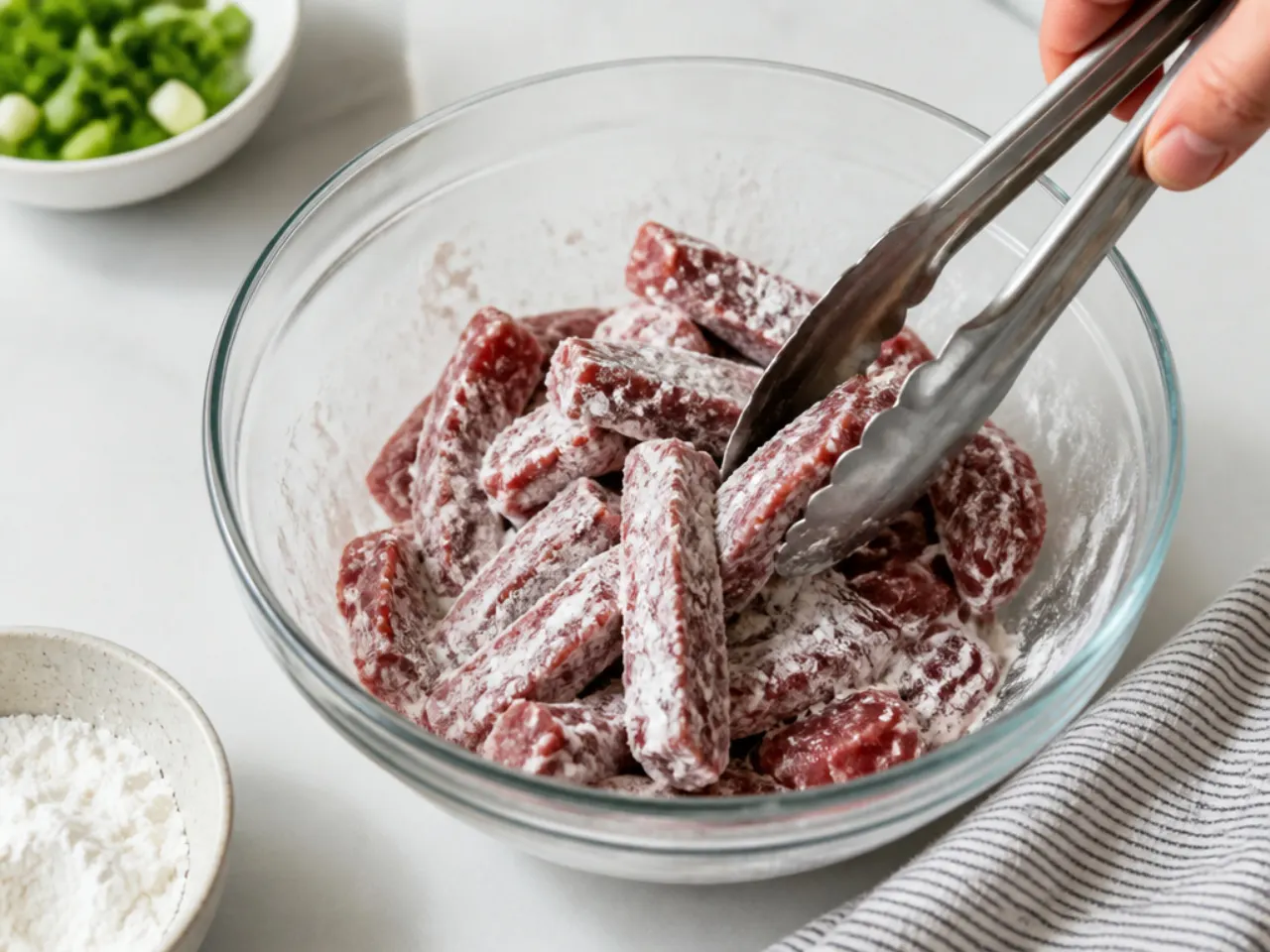 crockpot mongolian beef — step 2: coat in cornstarch
