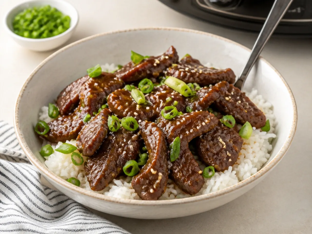 Bowl of crockpot Mongolian beef over rice garnished with green onions and sesame seeds