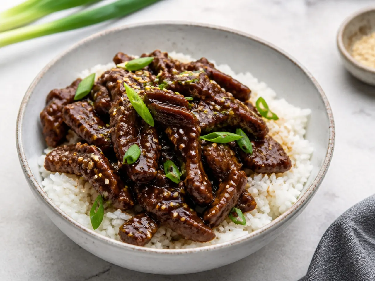 Classic crockpot Mongolian beef flank steak strips in glossy soy sauce over rice