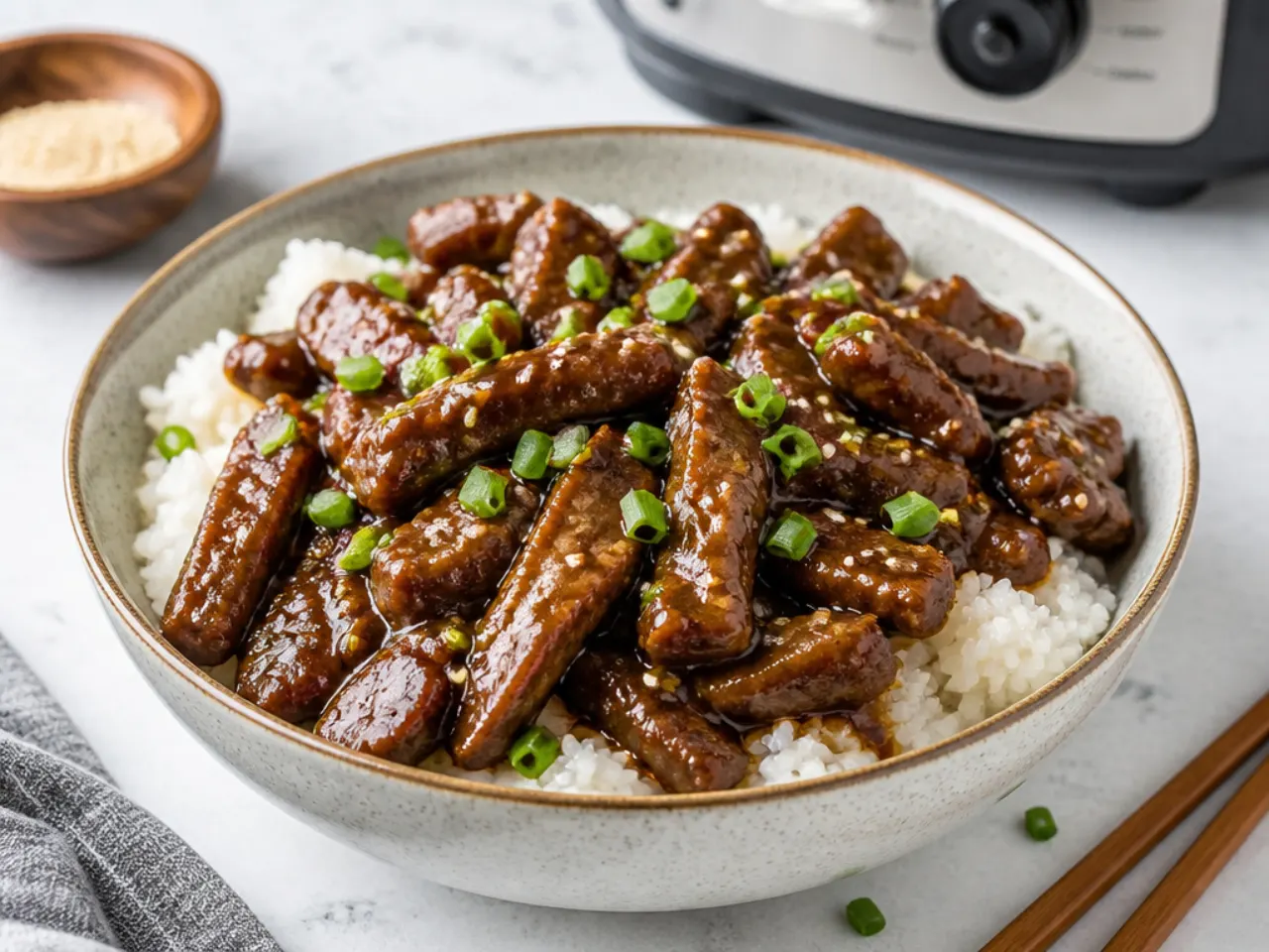 Easy dump-and-go slow cooker Mongolian beef with soy sauce and brown sugar
