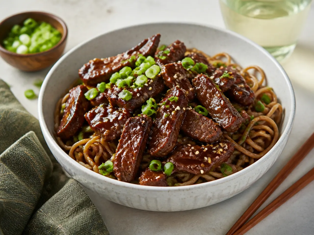 Elegant sirloin Mongolian beef in balsamic-soy glaze over sesame soba noodles