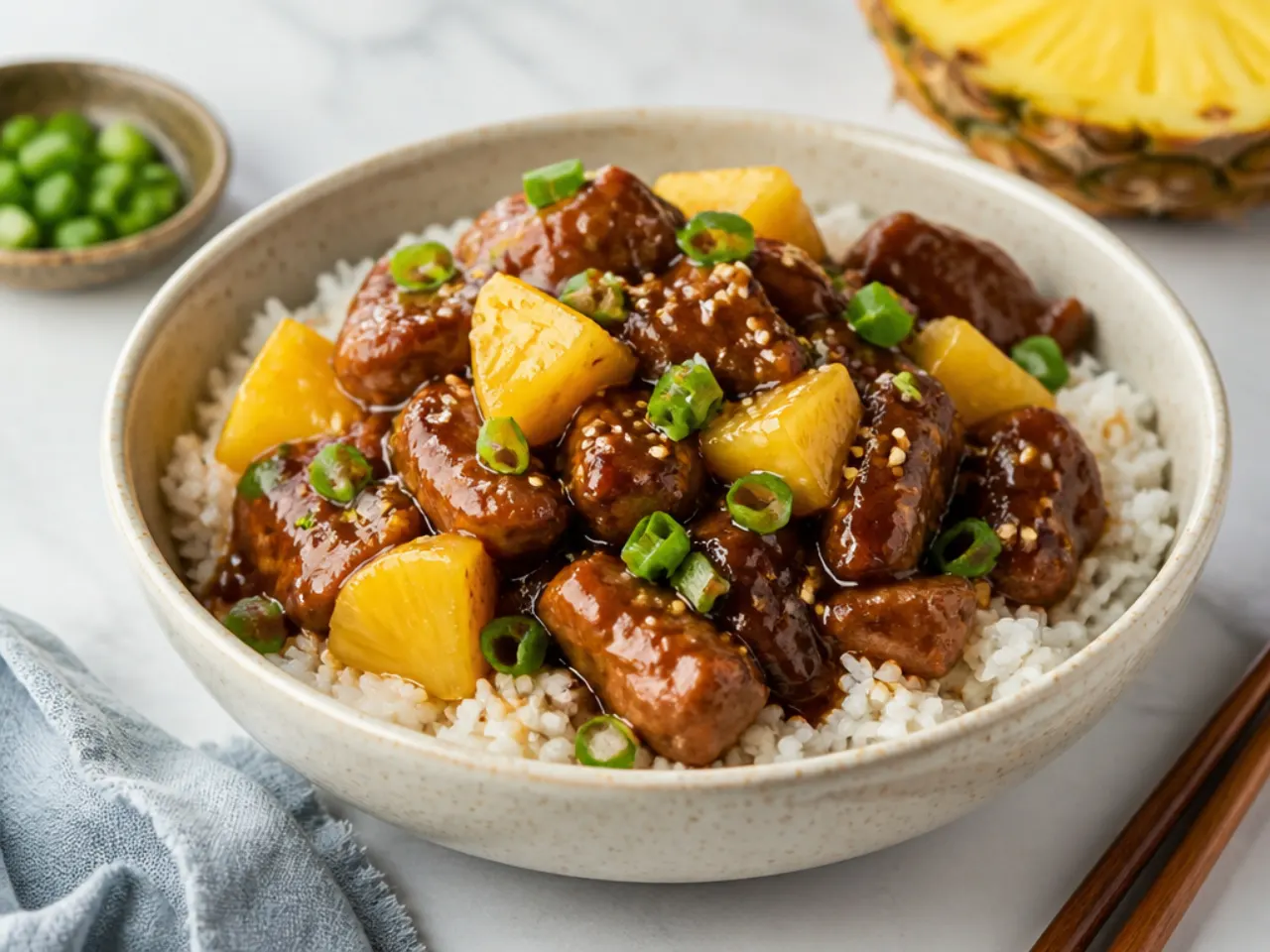 Playful pineapple teriyaki crockpot Mongolian beef with coconut rice