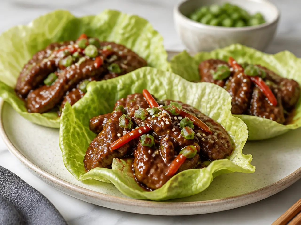 Modern gochujang Korean-style Mongolian beef in lettuce cups