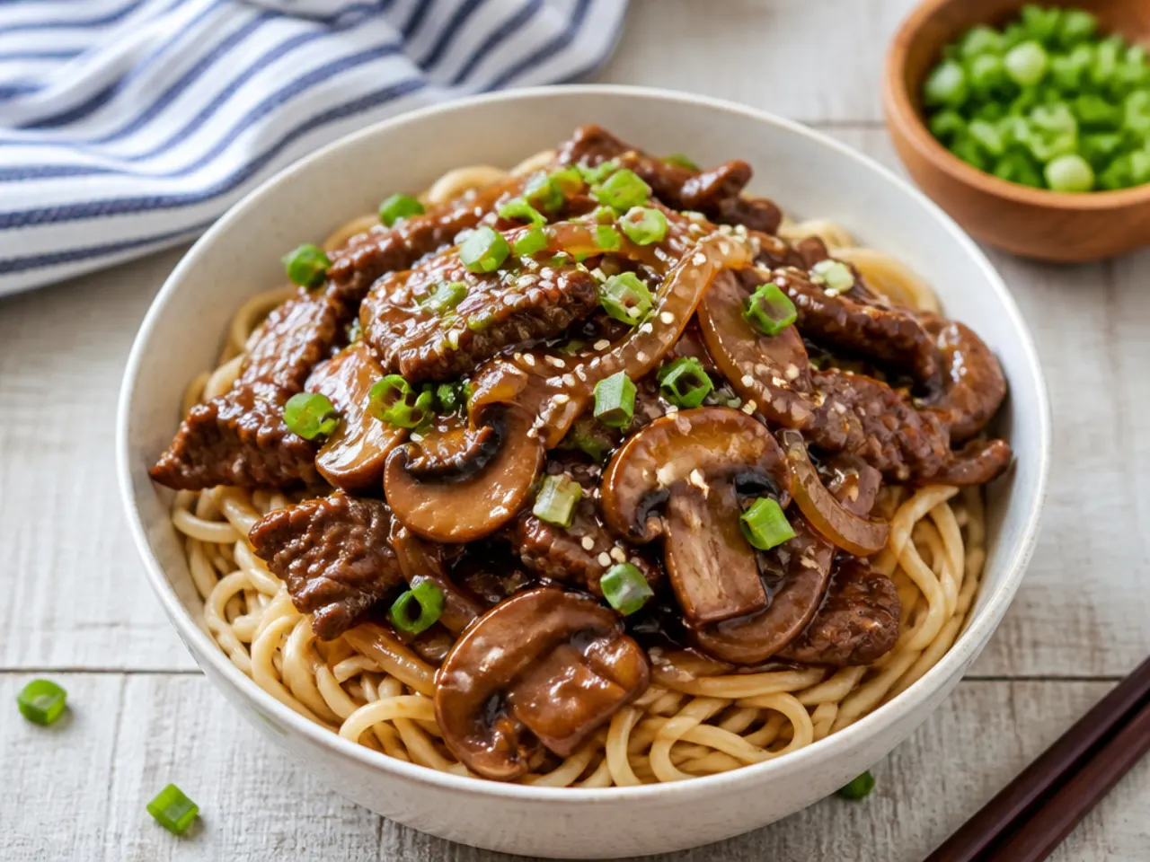 Rustic slow cooker Mongolian beef with mushrooms and onions over noodles