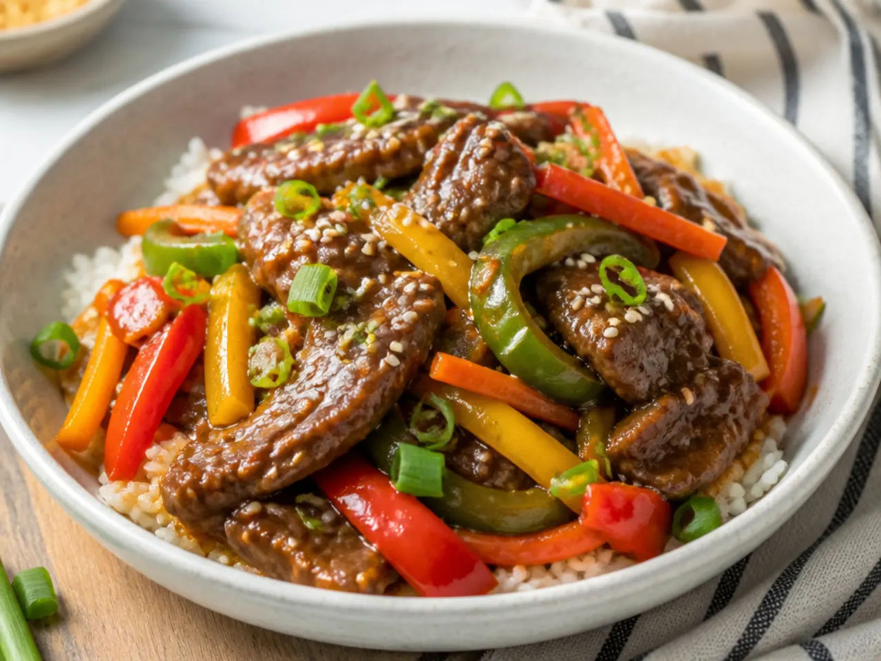 Colorful crockpot Mongolian beef with rainbow bell peppers and carrots