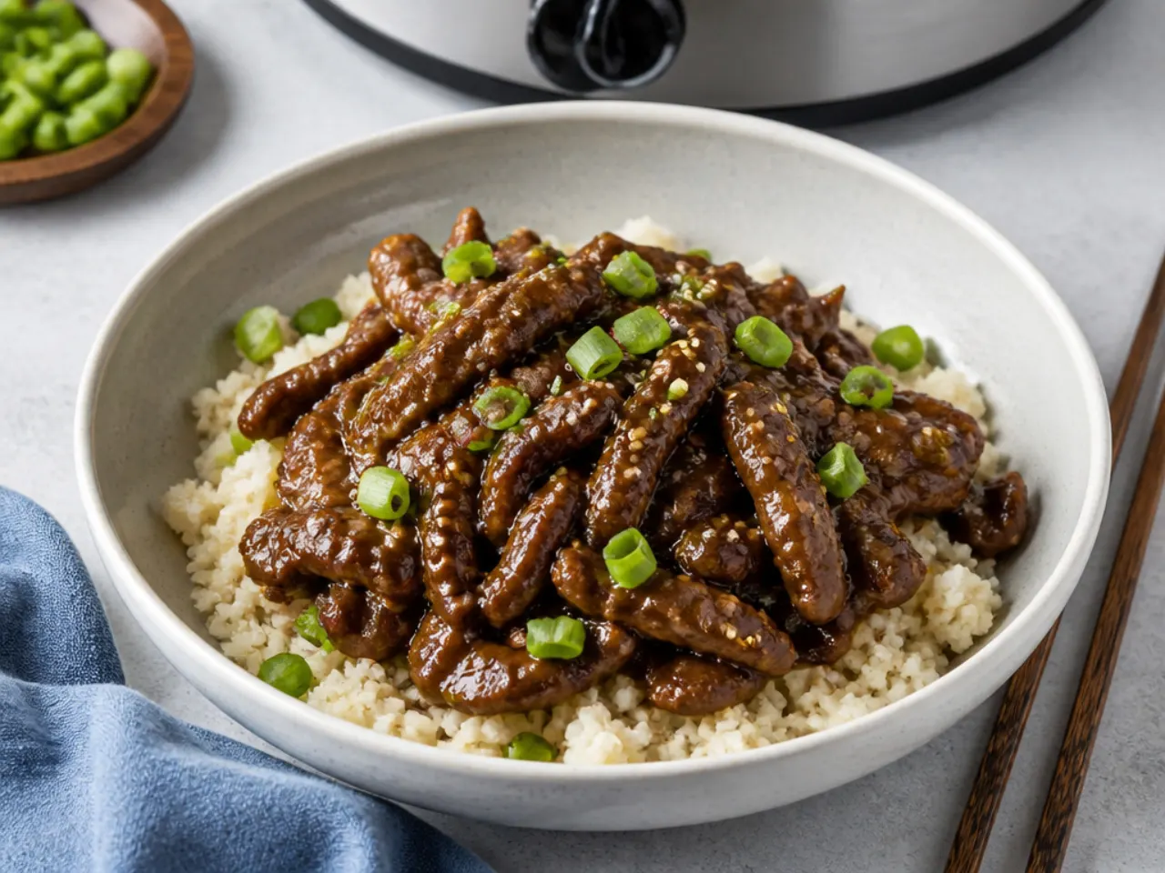 Minimal low-sugar coconut aminos Mongolian beef over cauliflower rice