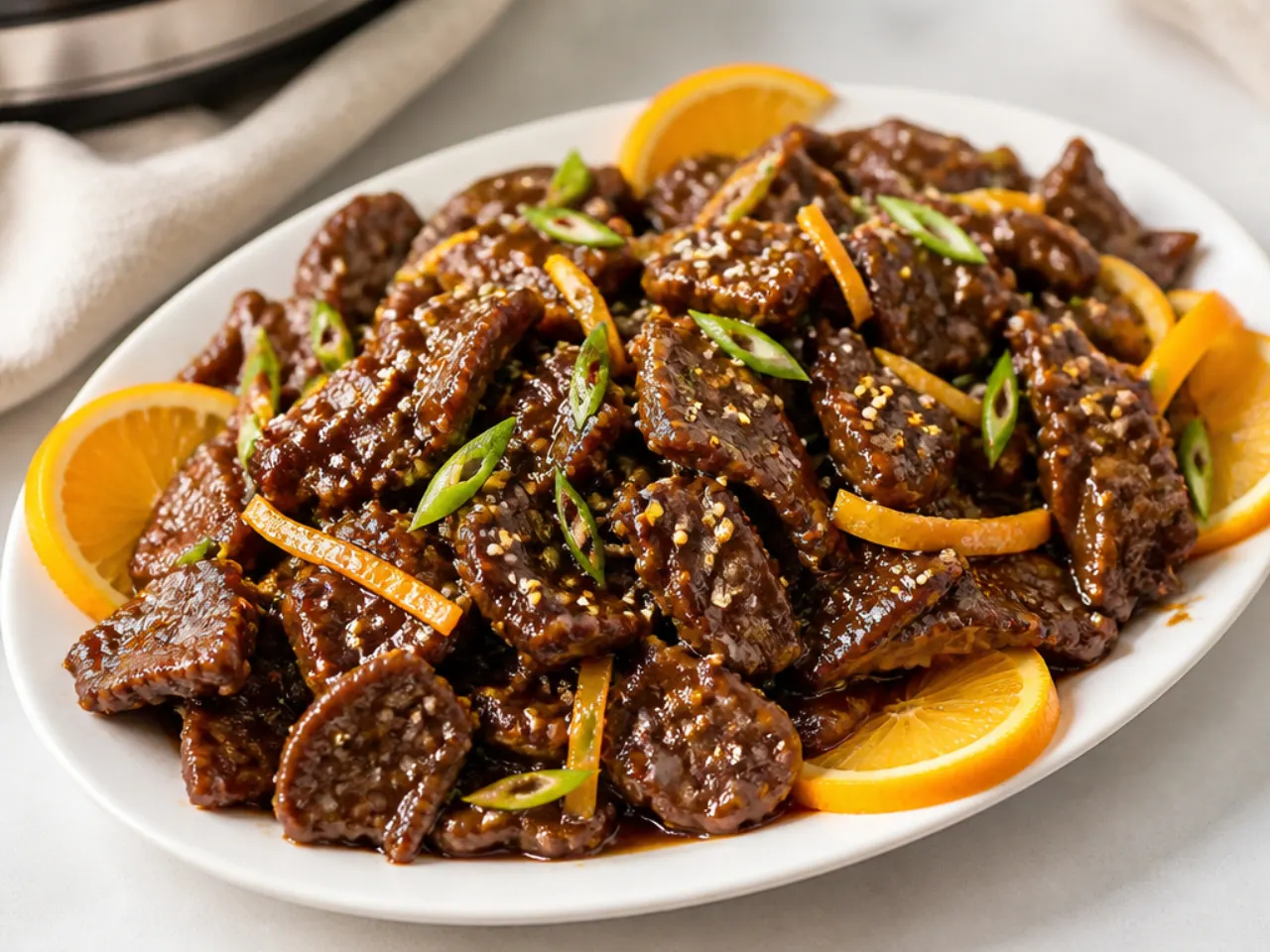 Festive orange-ginger crockpot Mongolian beef platter with sesame seeds