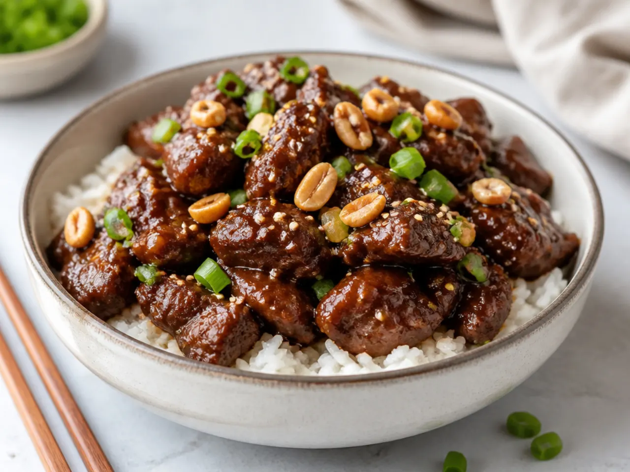 Whimsical honey-sesame crunch Mongolian beef topped with peanuts
