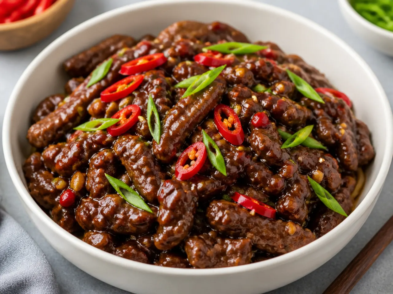 Bold extra-spicy Sriracha chili crockpot Mongolian beef with red chilies