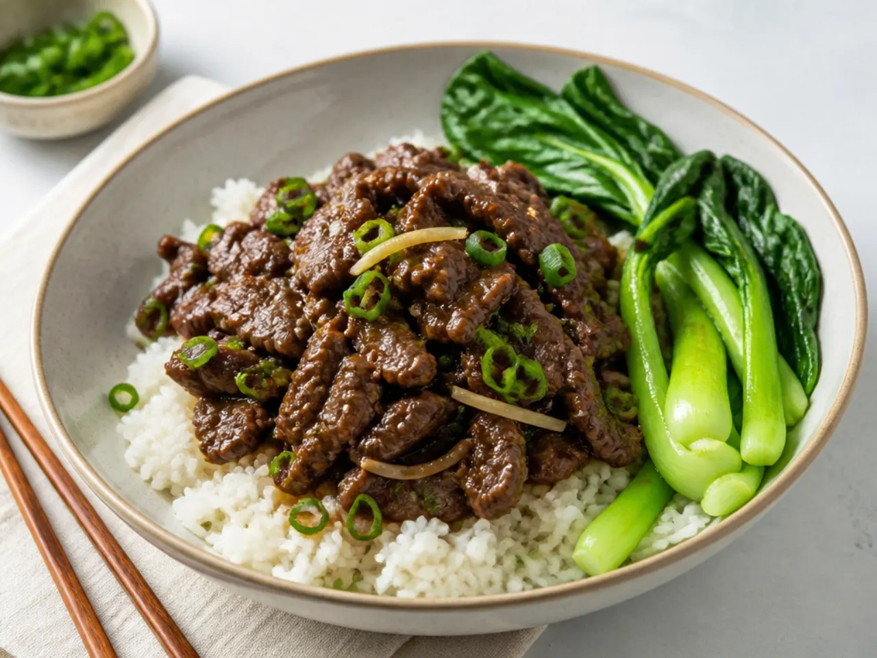 Delicate light ginger-scallion Mongolian beef over steamed rice with bok choy