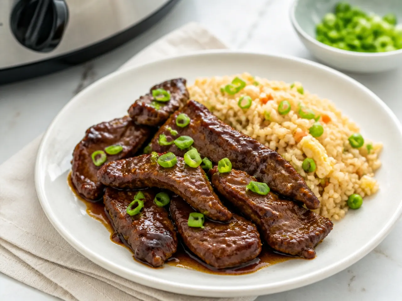 Vintage Chinese-American brown sauce slow cooker Mongolian beef with fried rice