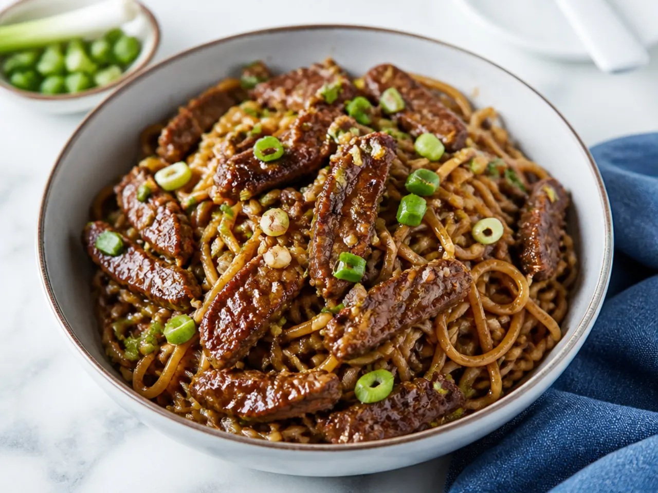 Charming garlic-butter Mongolian beef noodles tossed with green onions