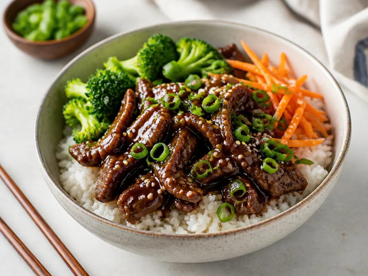 Classic weeknight Mongolian beef rice bowl with fresh toppings