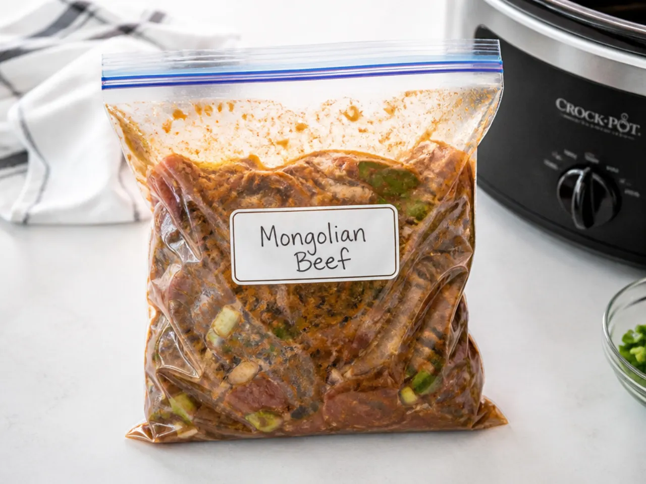 Easy frozen-to-crockpot meal-prep Mongolian beef in a freezer bag
