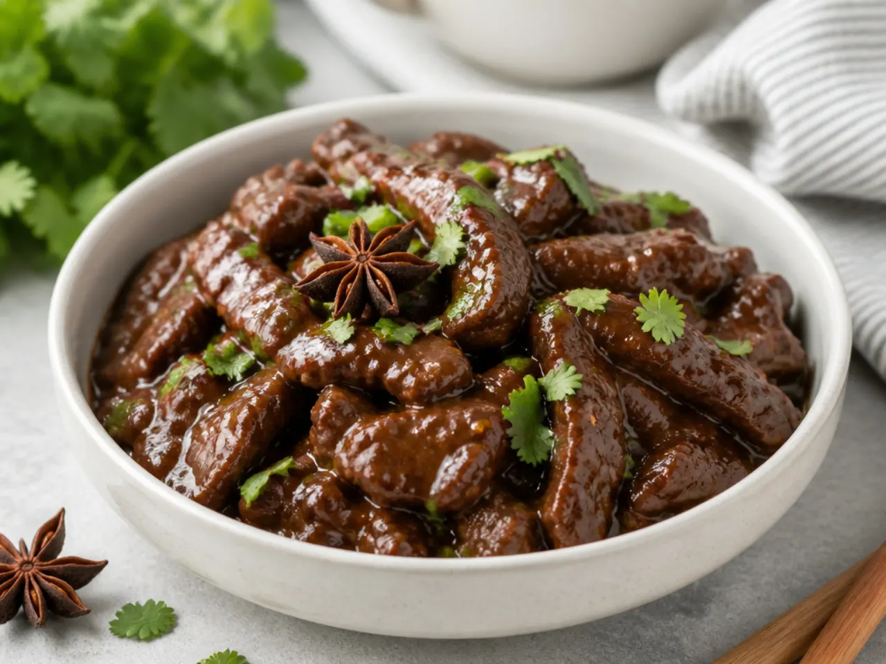Elegant five-spice star anise crockpot Mongolian beef with cilantro