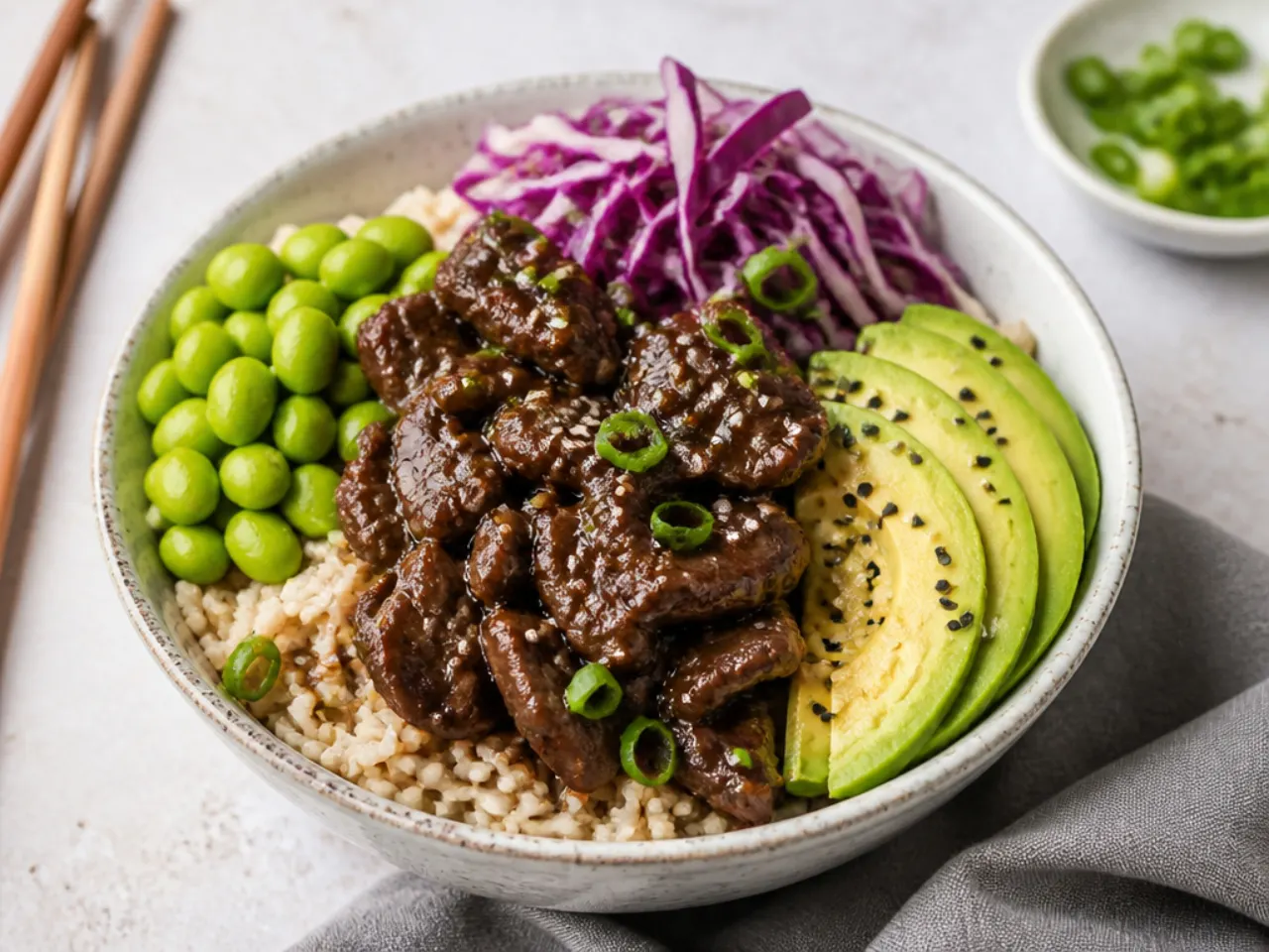 Modern Mongolian beef grain bowl with edamame, cabbage and avocado