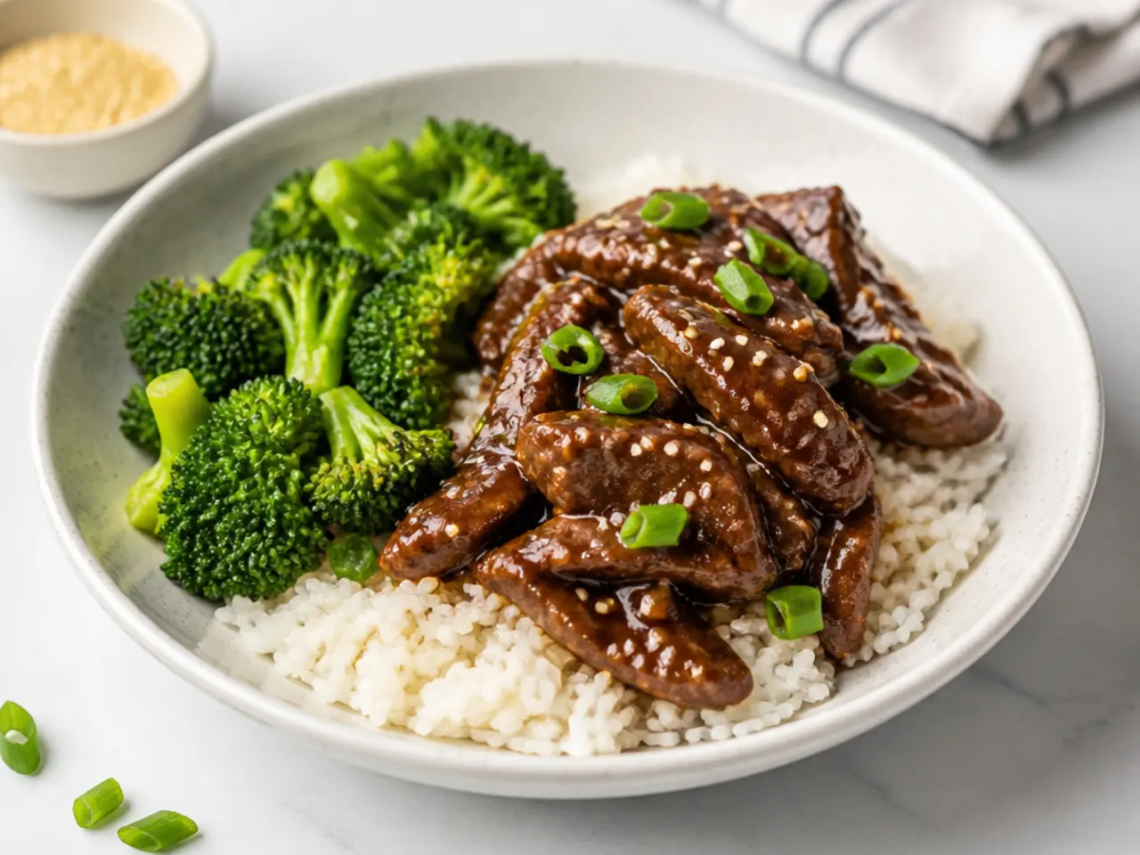 Serving suggestions for crockpot Mongolian beef with rice and broccoli