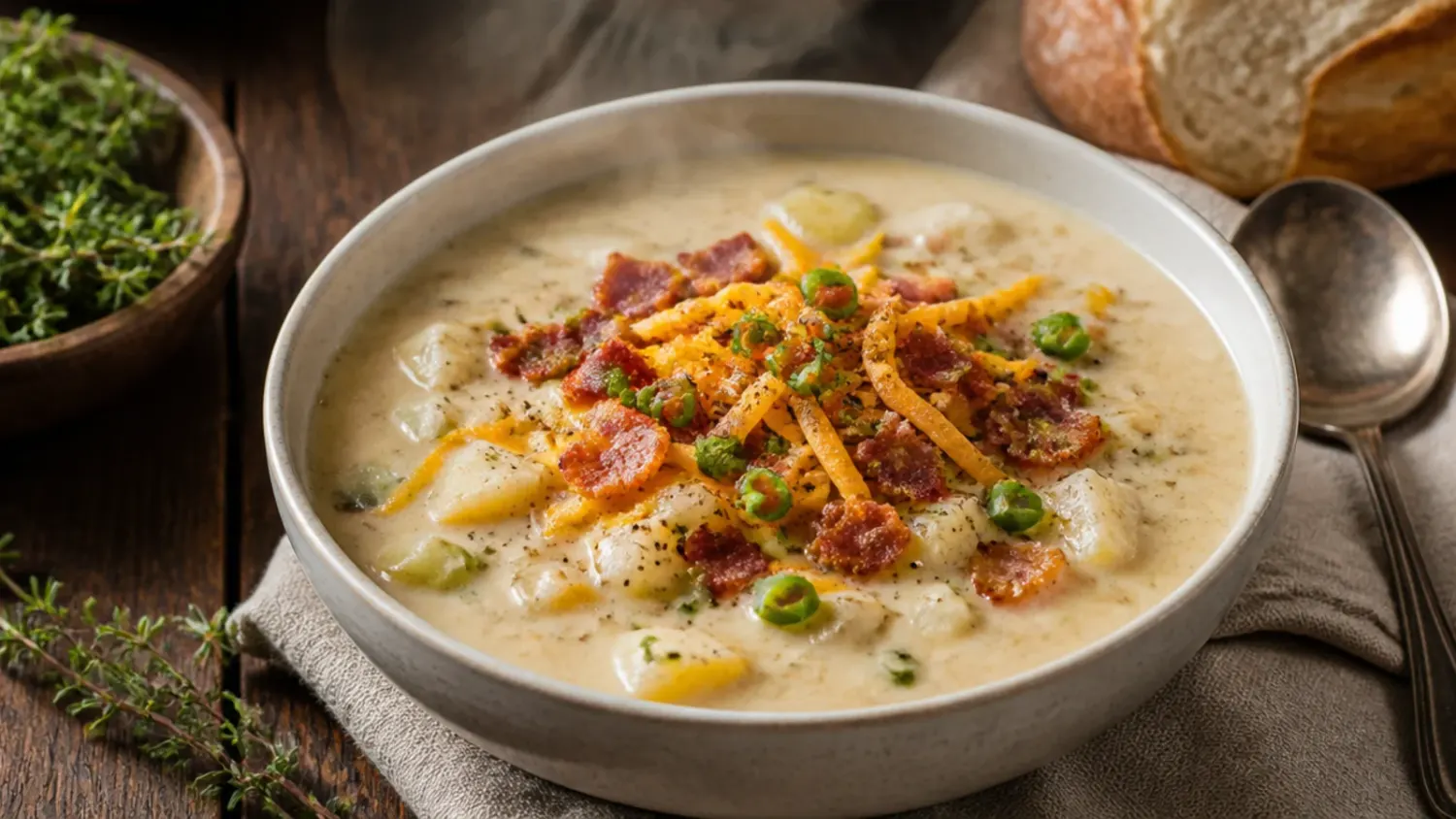 Overhead shot of a bowl of creamy crockpot potato soup topped with crispy bacon, shredded cheddar, and sliced spring onions, with a slow cooker in the background