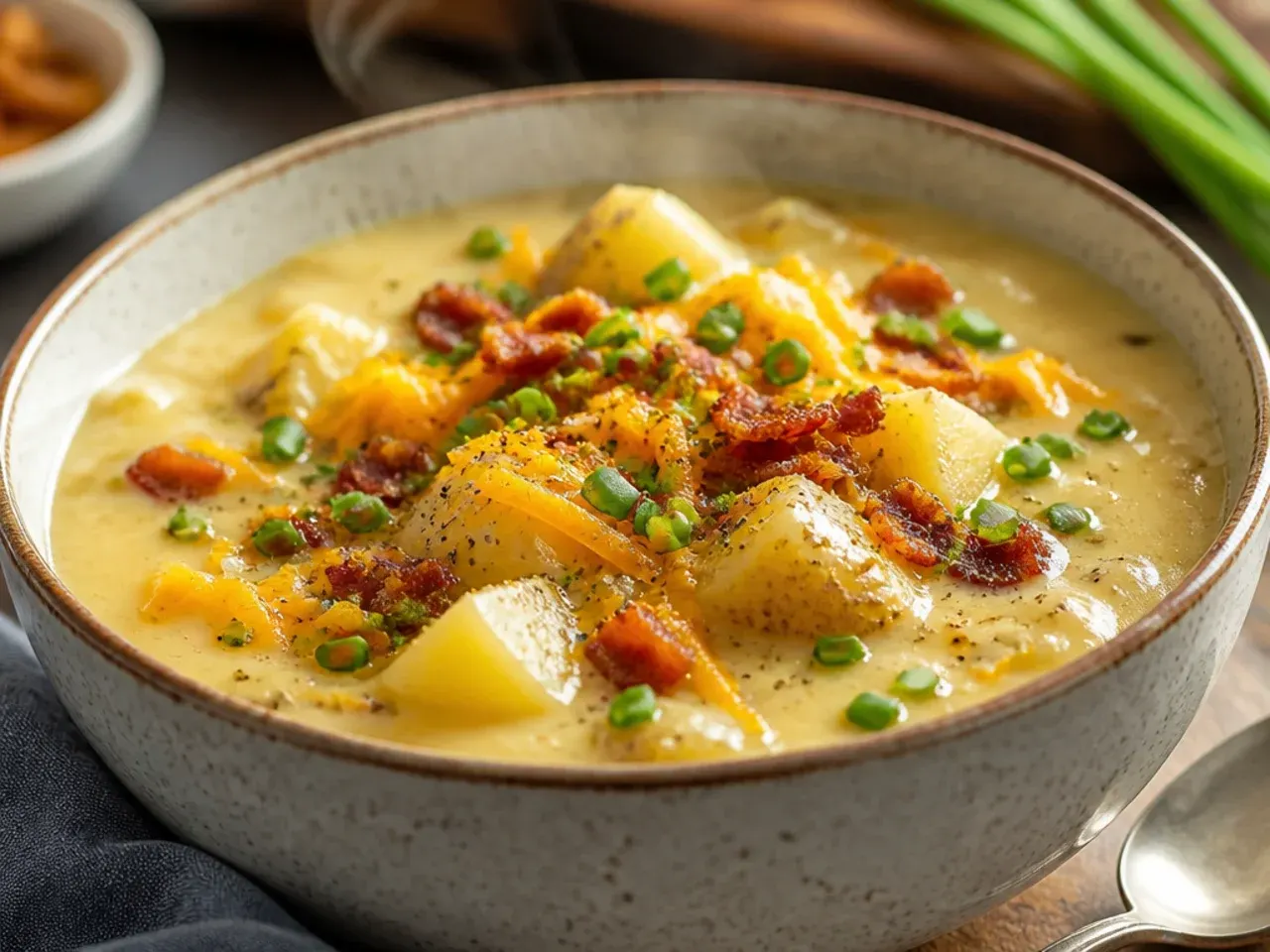 Slow cooker filled with creamy crockpot potato soup being stirred with a wooden spoon, steam rising, in a home kitchen