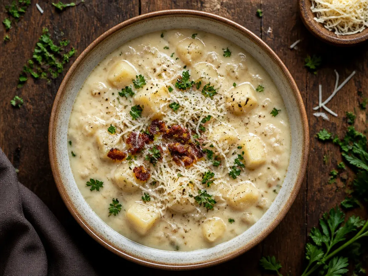 Bowl of classic creamy crockpot potato soup with melted cheddar on top