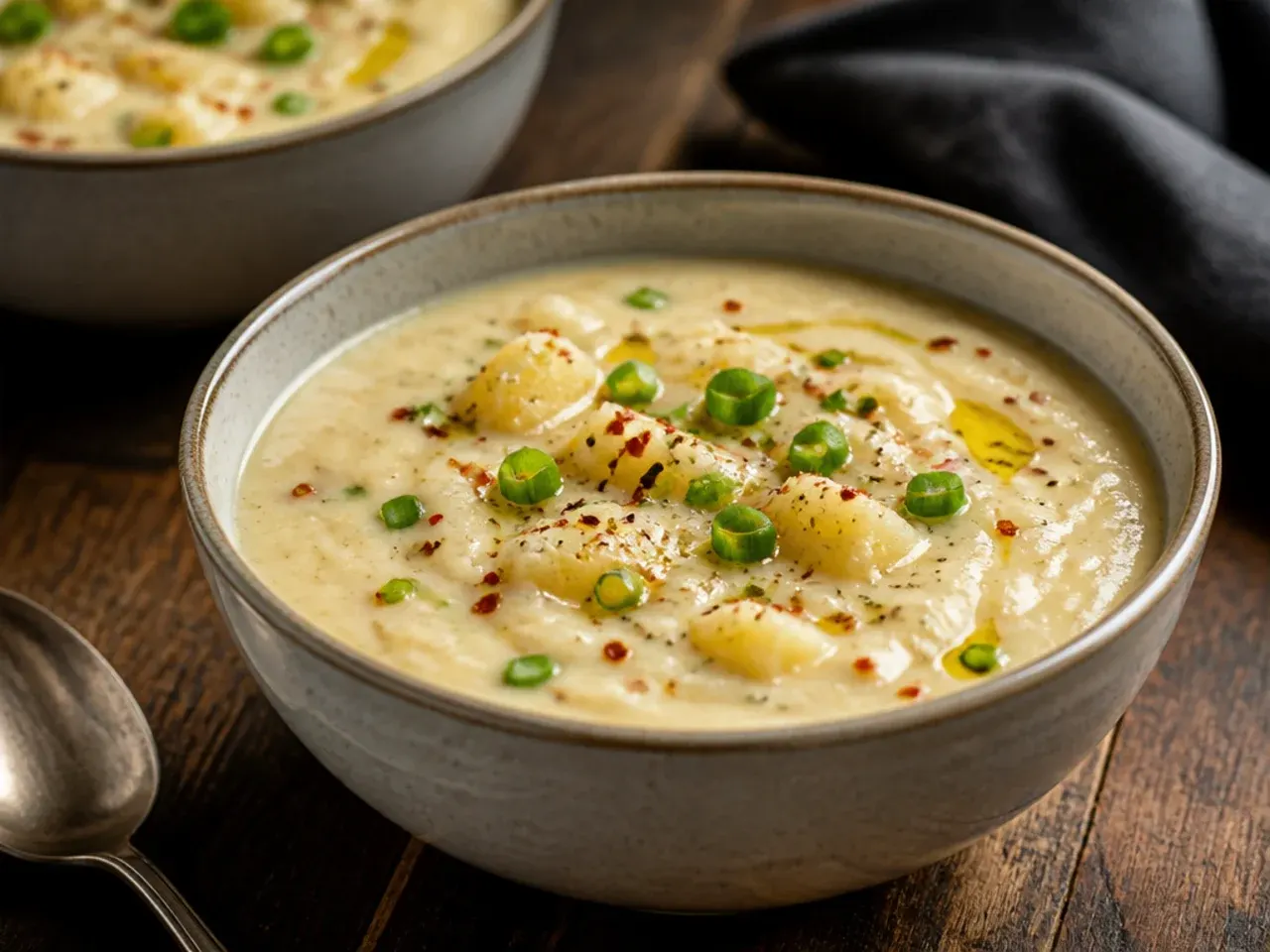 Overhead view of easy crockpot potato soup made with frozen hash browns, ladle resting in the pot