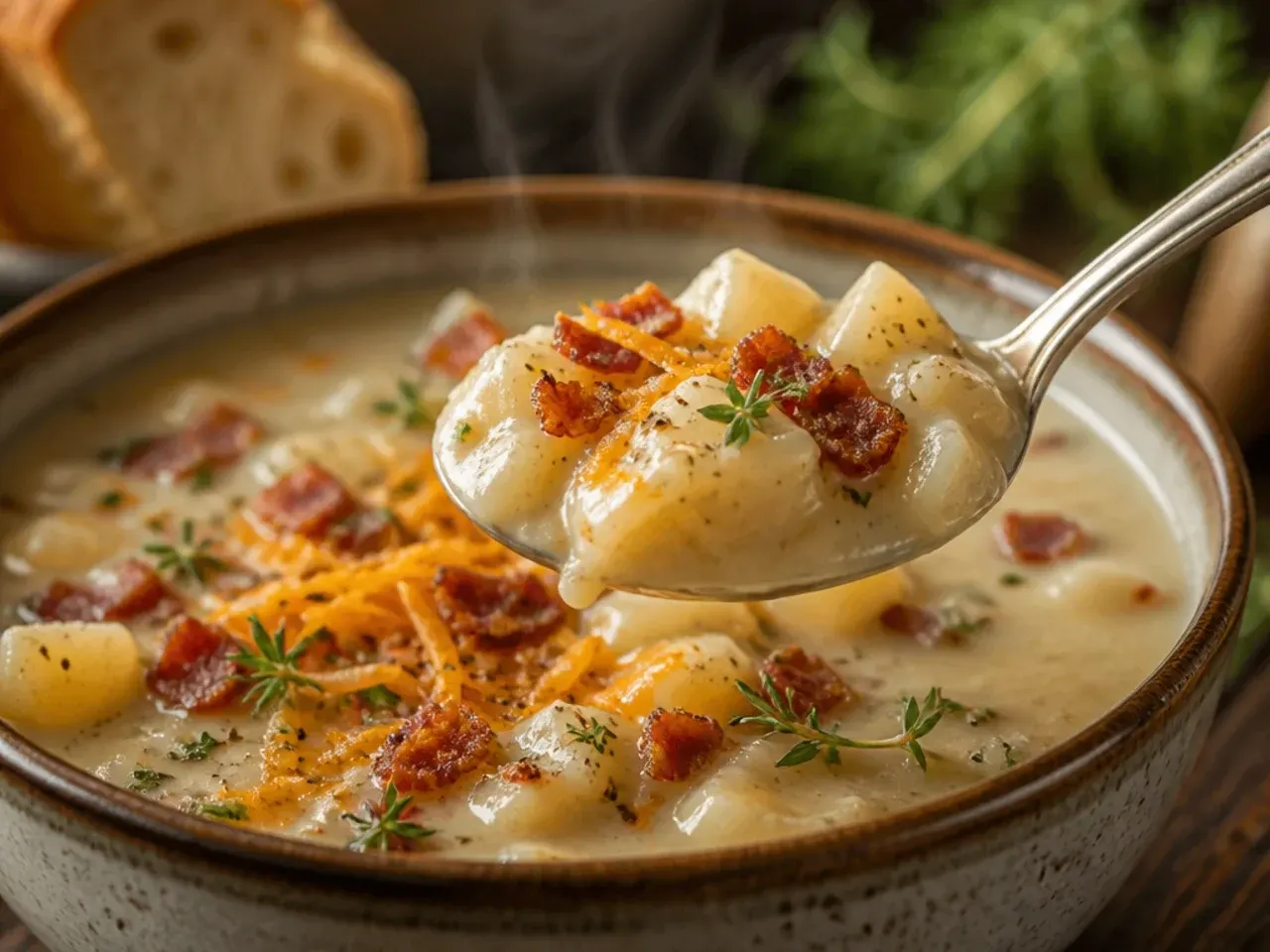 Hearty crockpot potato soup with ground beef and beans in a rustic bowl