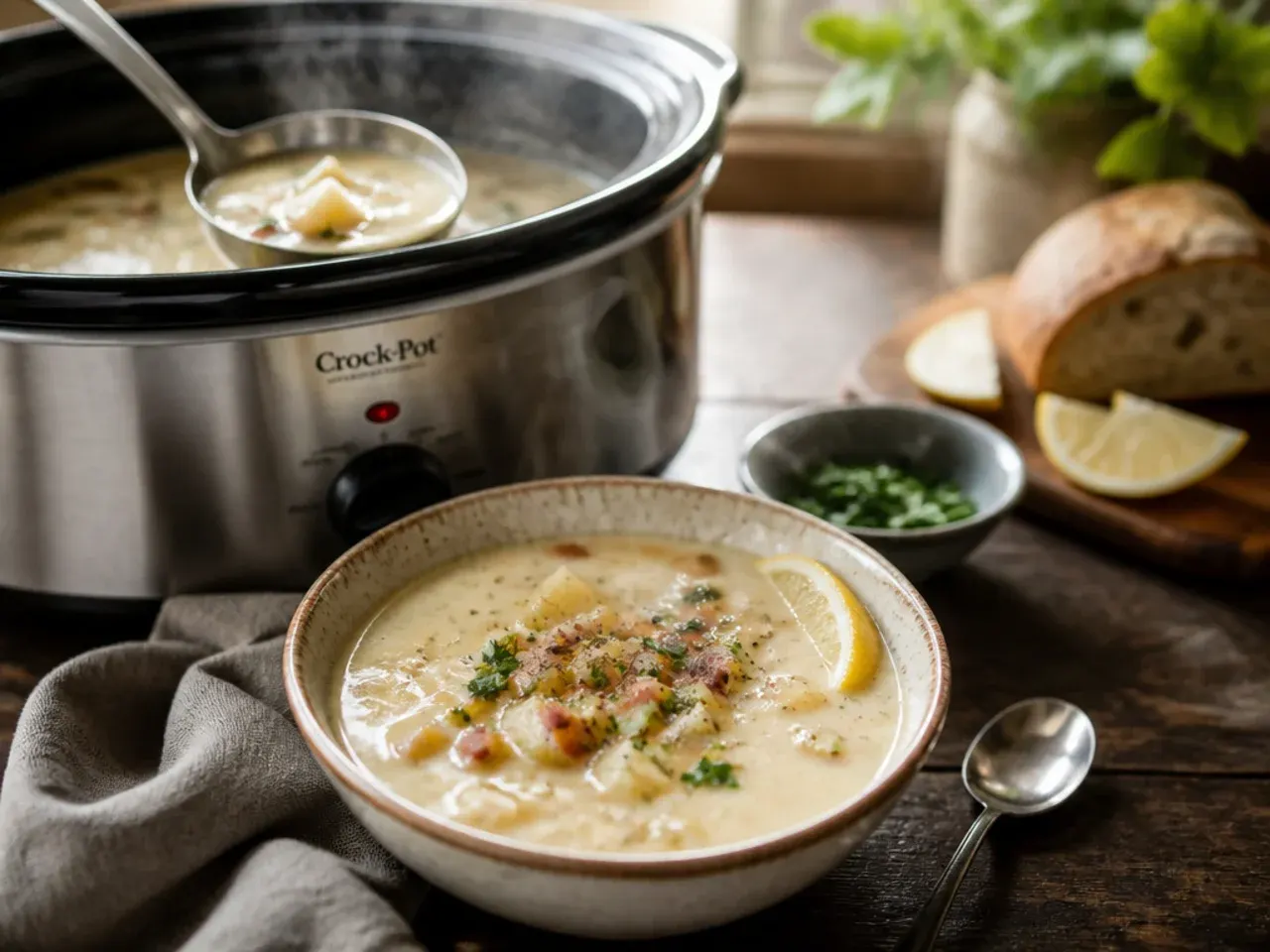 Steaming mug of cozy crockpot potato soup topped with a brown butter swirl