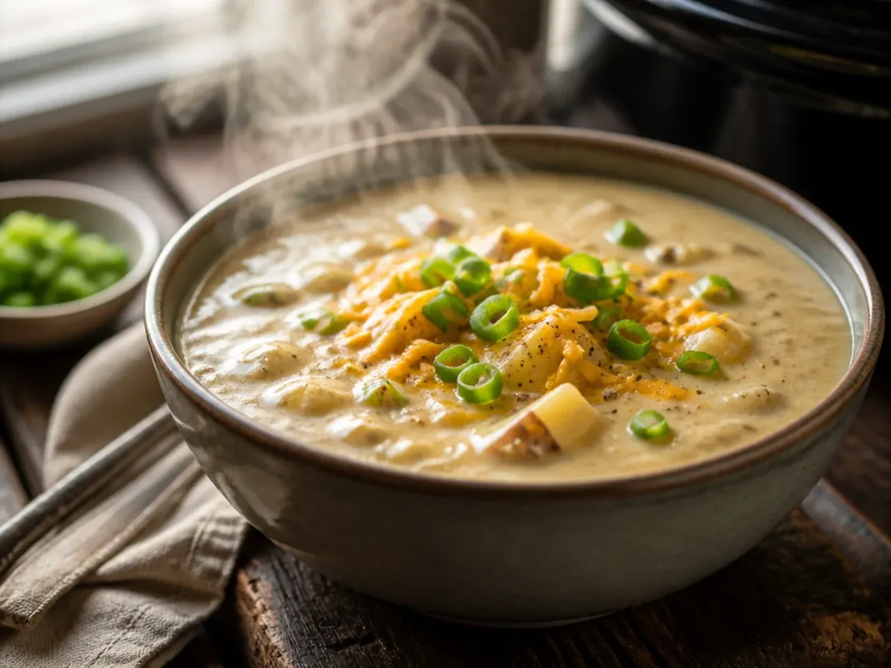 Close-up of extra creamy crockpot potato soup showing a smooth, thick texture