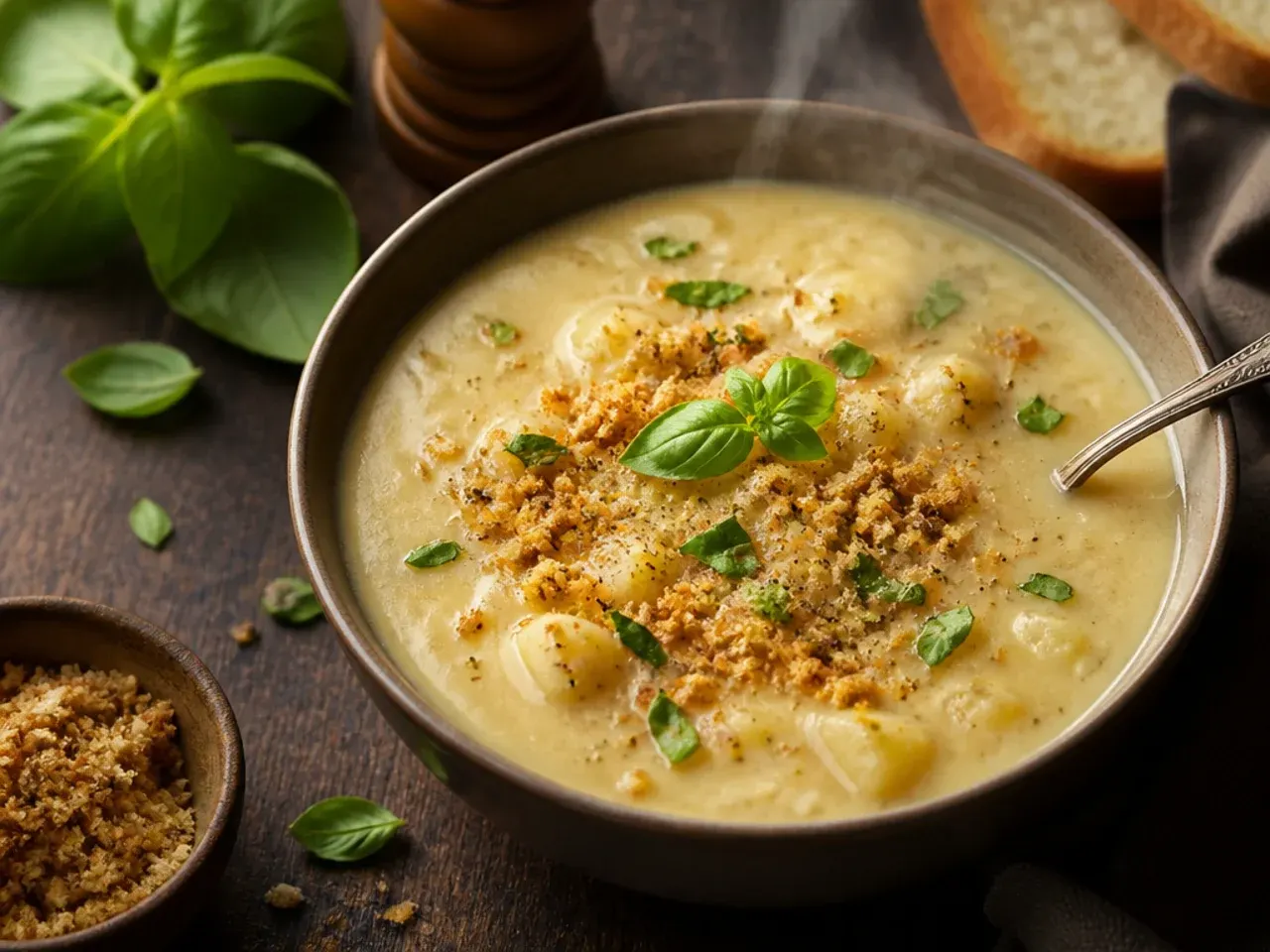 Simple five-ingredient crockpot potato soup in a plain white bowl