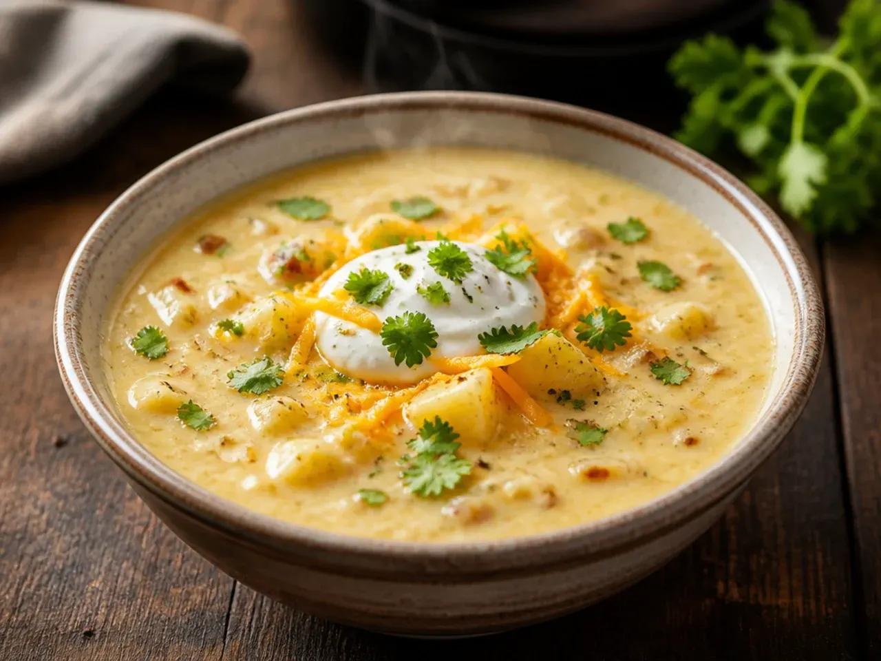 Extra cheesy crockpot potato soup with melted cheddar being lifted by a spoon