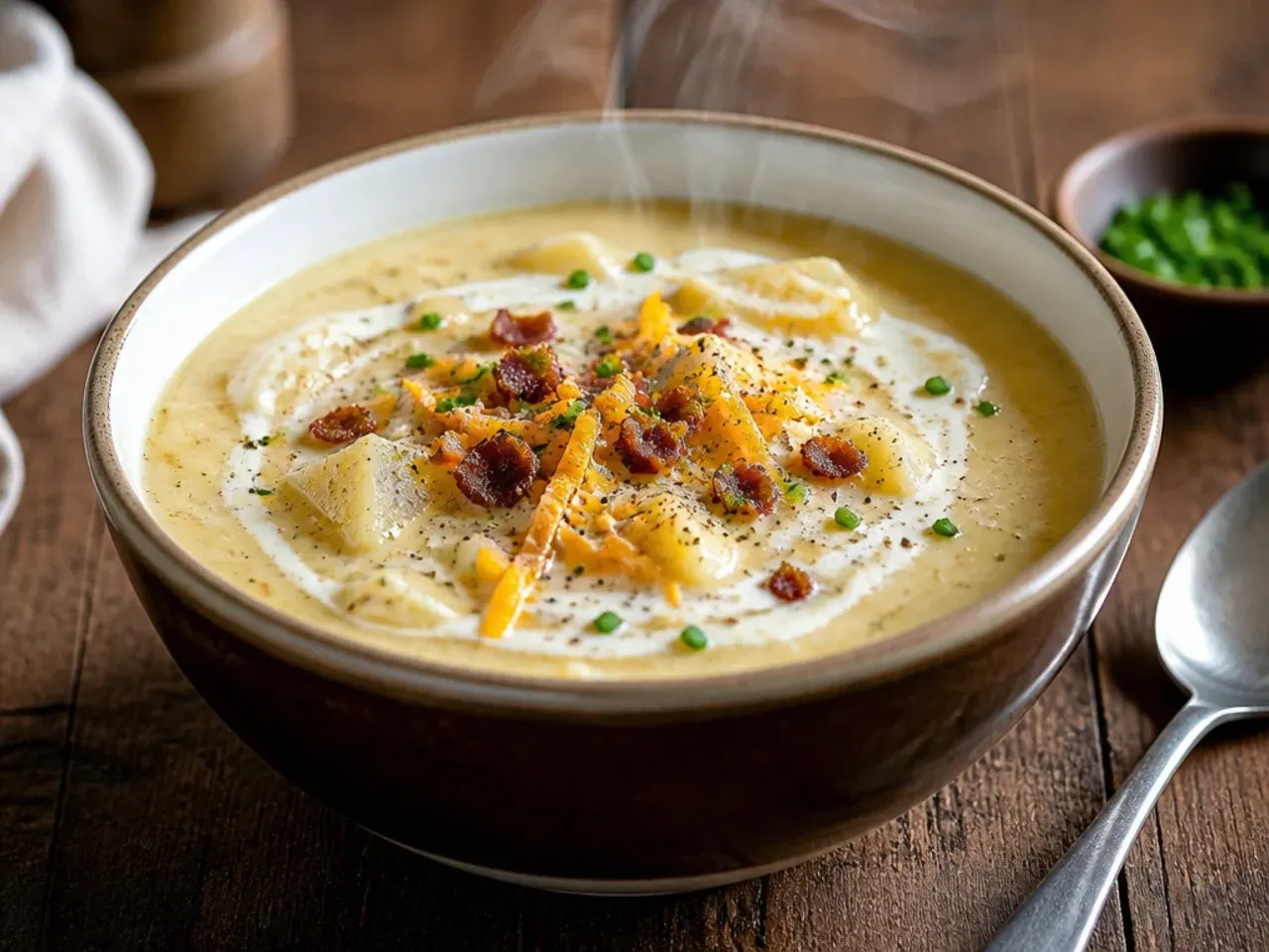 Comforting crockpot potato soup with shredded chicken and peas, bowl beside a spoon