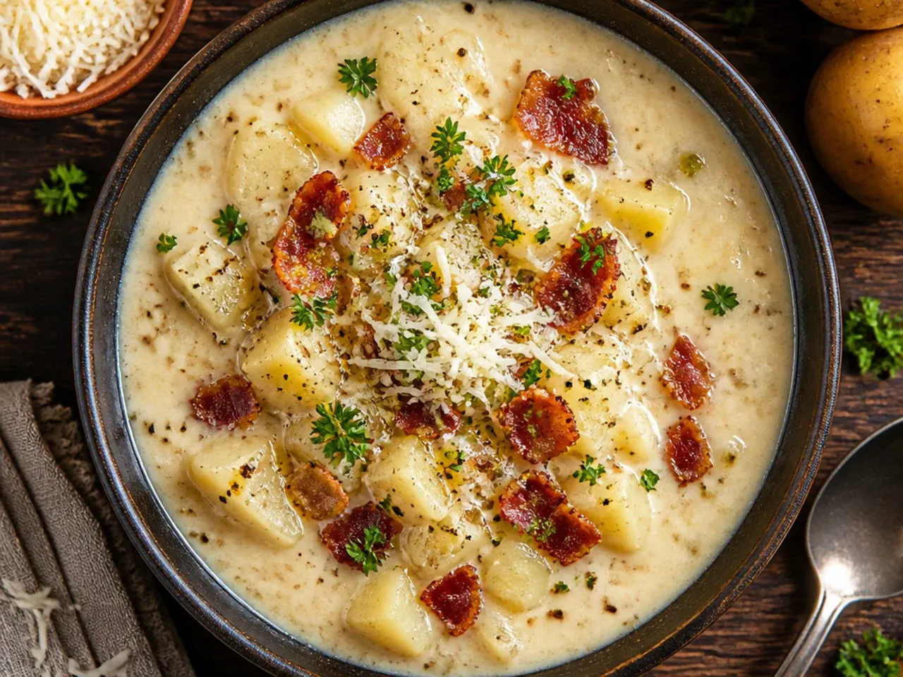 Budget-friendly crockpot potato soup made with evaporated milk and pantry staples