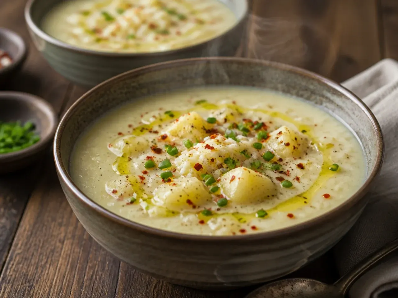 Weeknight crockpot potato soup ready to serve in under four hours, bowls set on a table