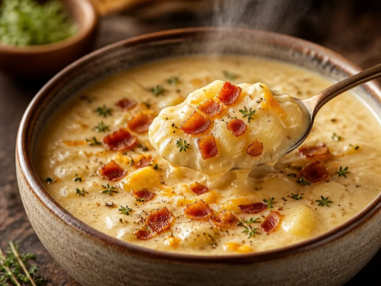 Rustic chunky crockpot potato soup with kale, served with crusty bread
