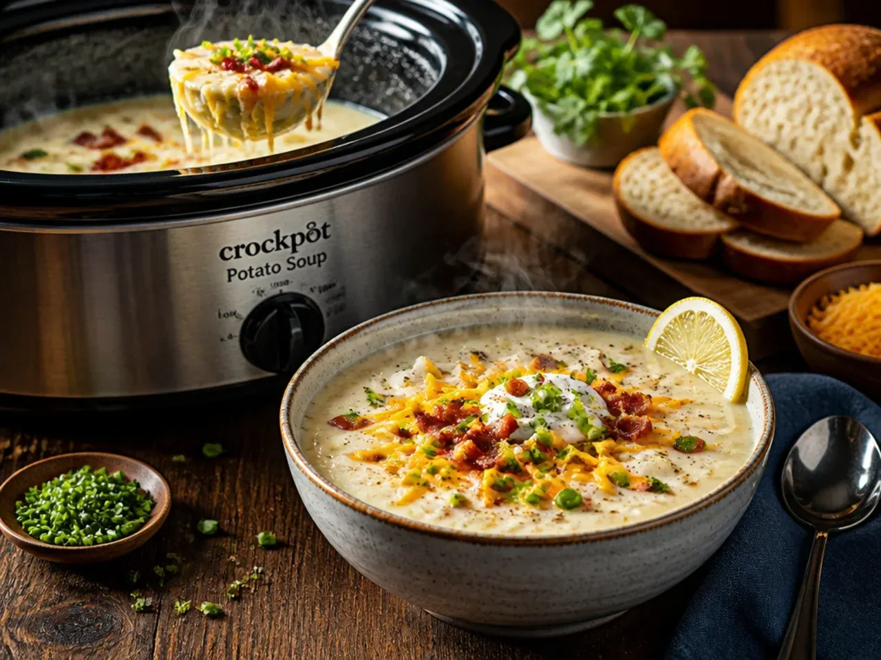Loaded crockpot potato soup topped with bacon, cheddar, sour cream, and spring onions