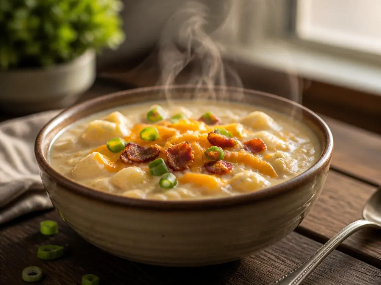 Large family-size pot of crockpot potato soup with multiple bowls being served