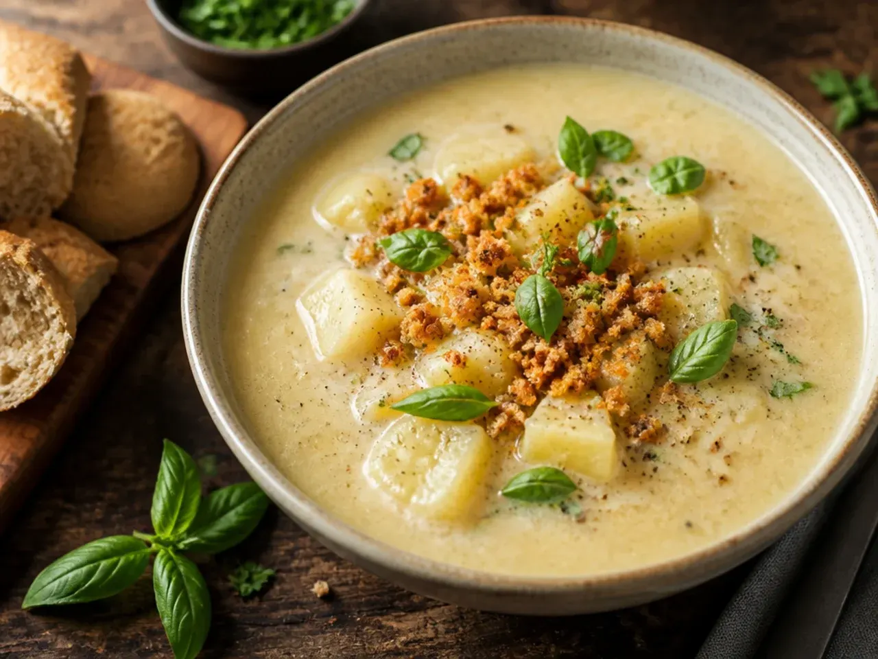 Best-ever crockpot potato soup garnished with fresh chives and a swirl of cream