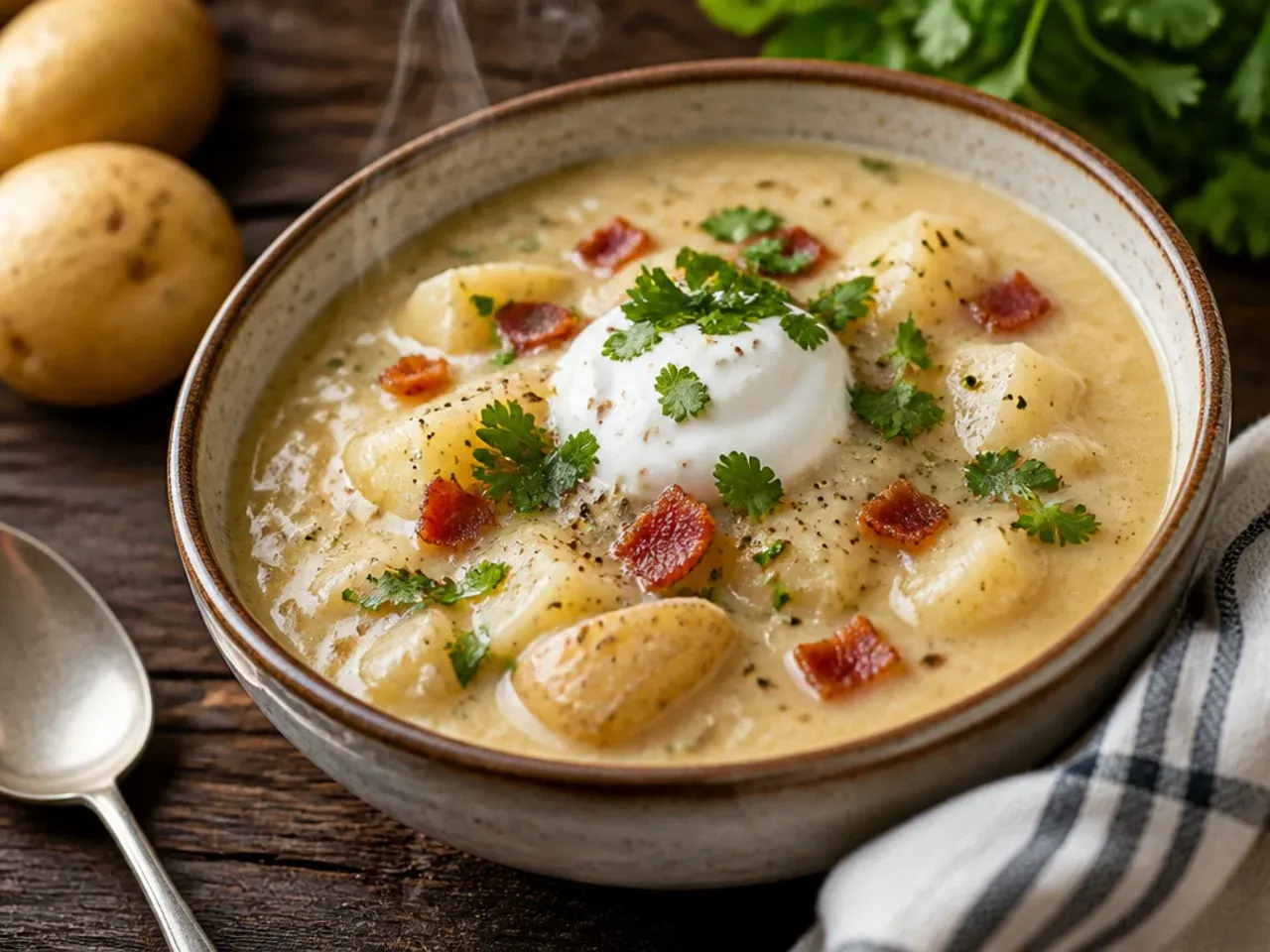 One-pot crockpot potato soup with crispy bacon bits mixed through, single crockpot insert shown