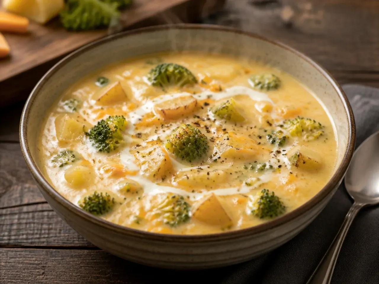 Crockpot potato soup with broccoli florets and melted cheddar in a bowl
