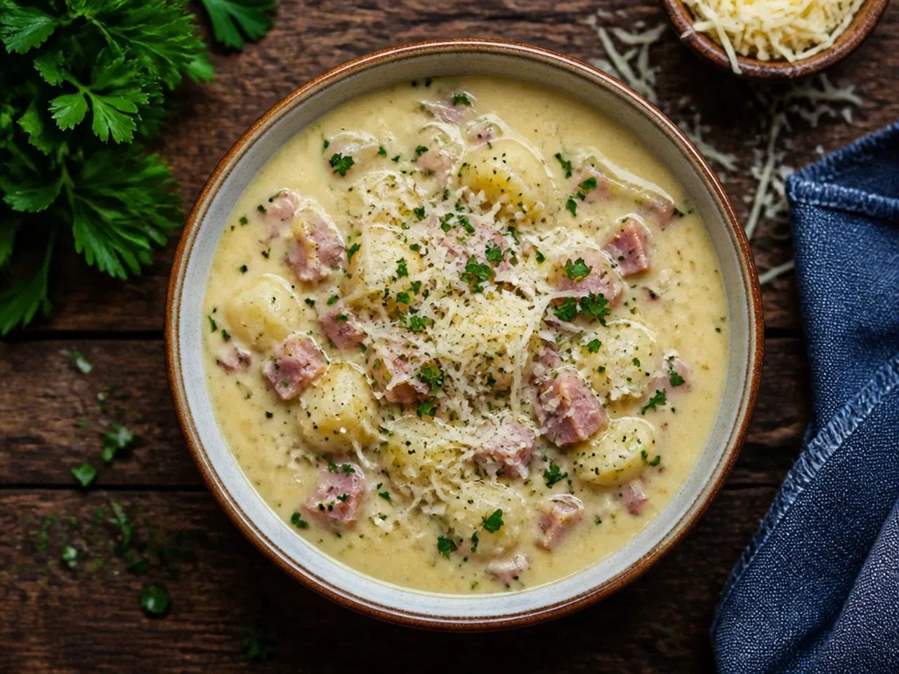 Ham and potato crockpot soup with visible diced ham pieces in a rustic bowl