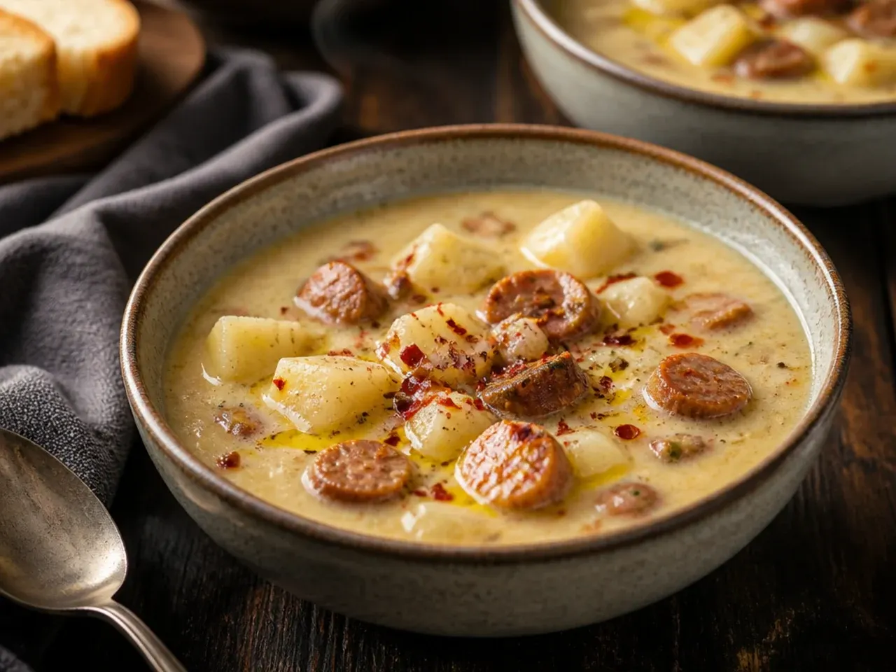 Smoky sausage and potato crockpot soup with sliced kielbasa rounds