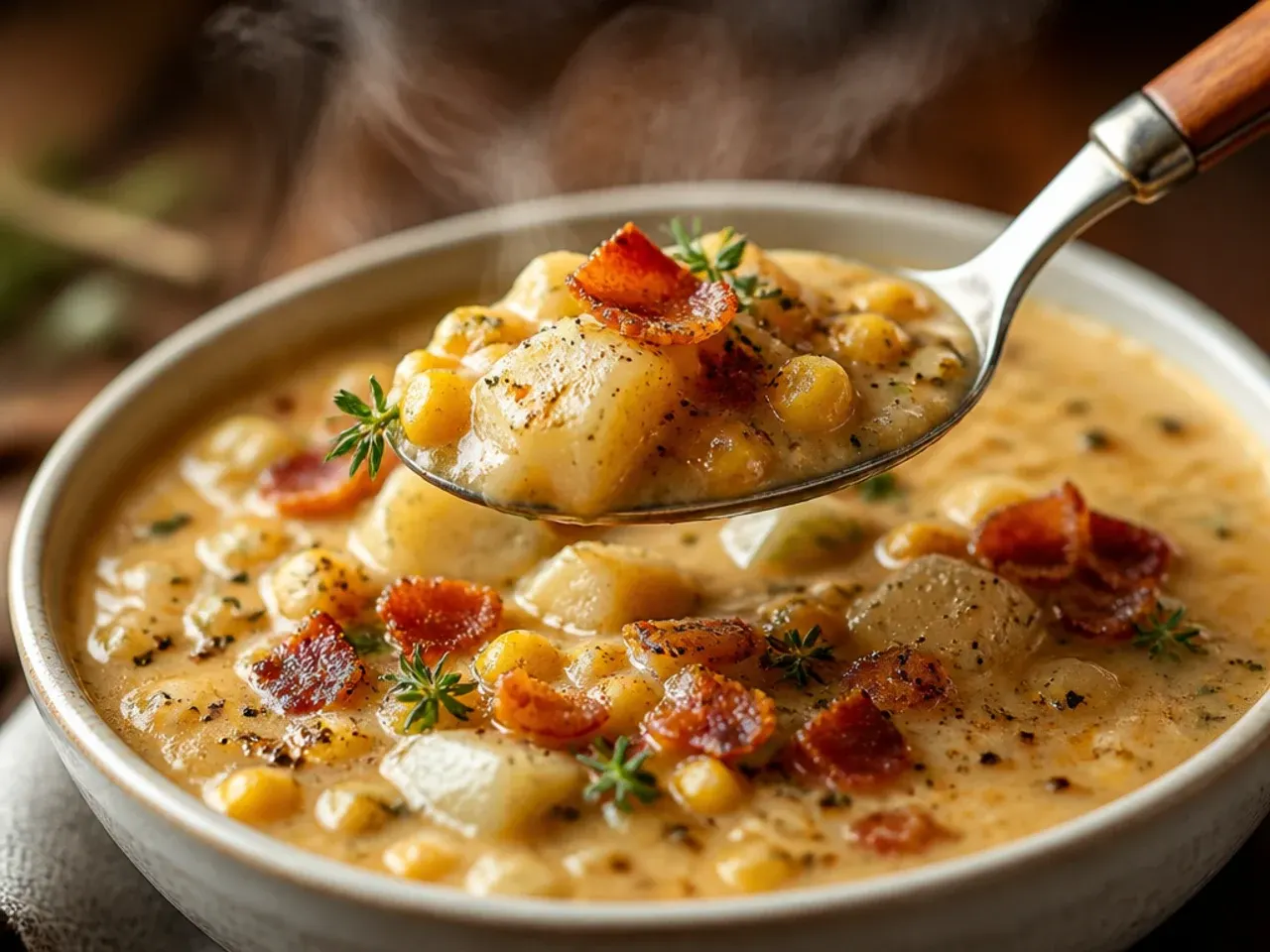 Corn and potato chowder from the crockpot with visible sweetcorn kernels