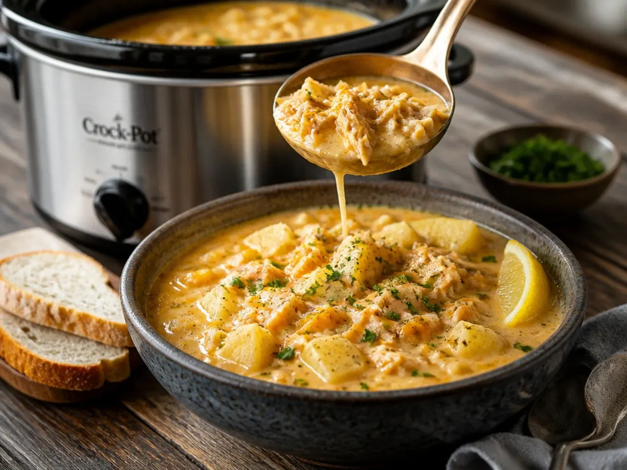 Buffalo chicken potato soup topped with blue cheese crumbles and a ranch drizzle