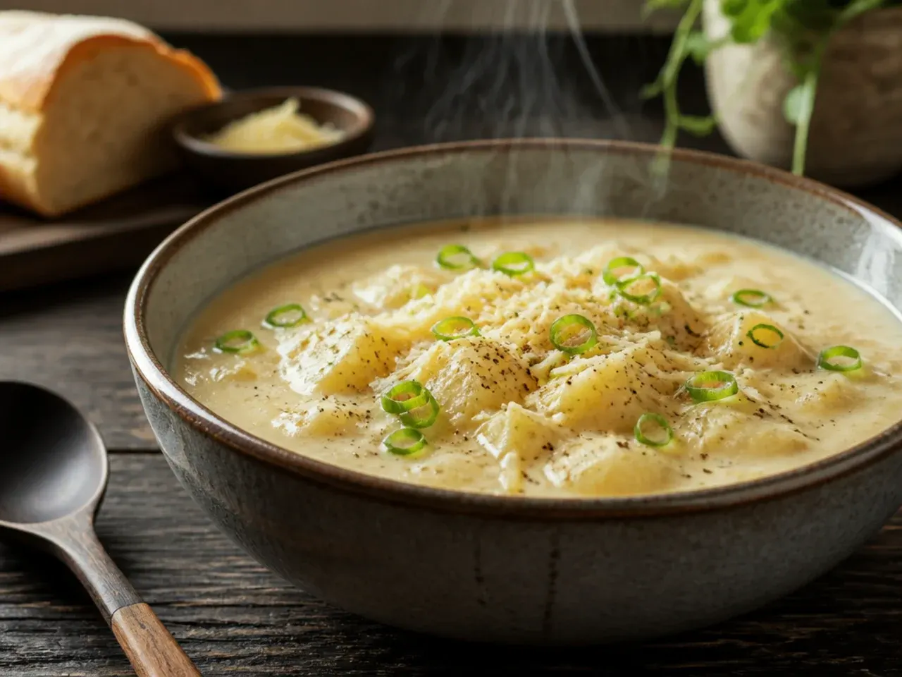 Garlic parmesan crockpot potato soup with roasted garlic cloves and grated parmesan on top