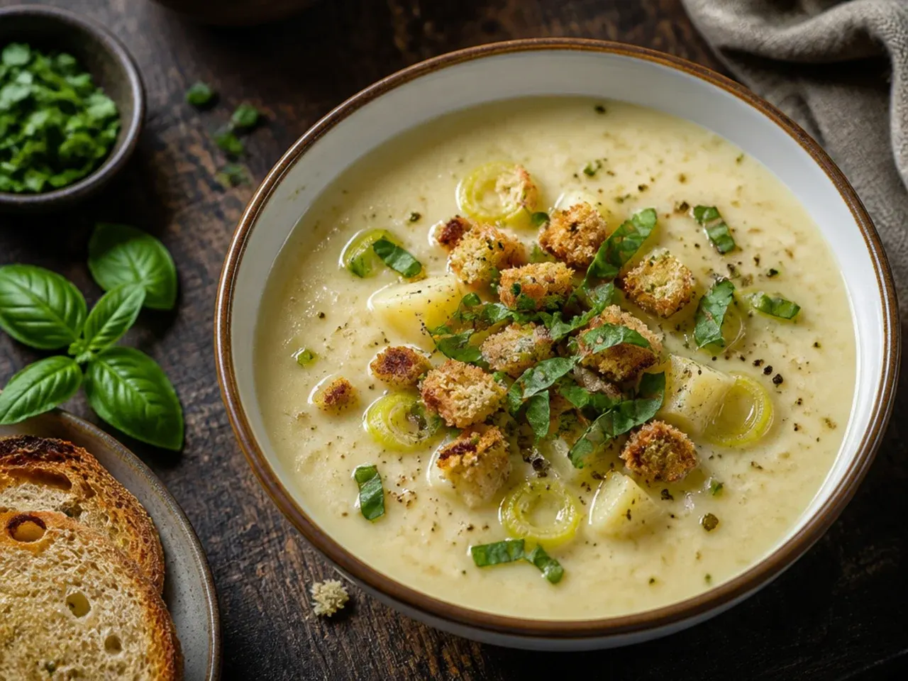 Slow cooker potato leek soup garnished with a cream swirl and fresh chives