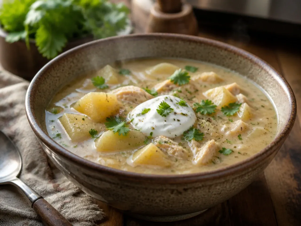 Turkey and potato soup made from holiday leftovers in a cosy bowl